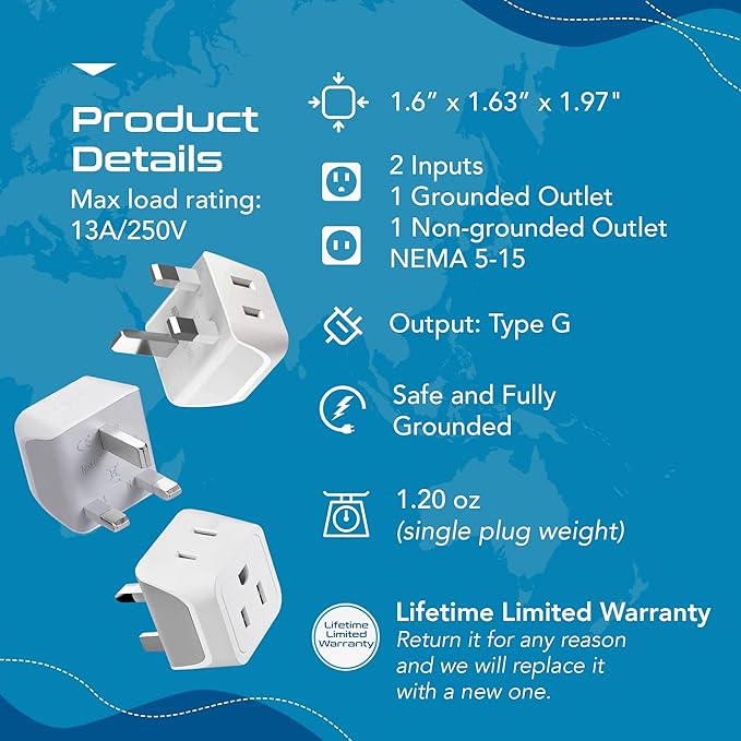 Ceptics UK Travel Plug Adapter, 2 in 1 Type G Adapter, US to UK Adapter, Ireland, Dubai Travel Adapter with Dual USA Inputs, CE, RoHS - HK Outlet Adapter, 3 Pack | Type G Adapter for Travel, US to UK Plug Adapter with 2 USA Outlet, UK Travel Adapter, C...