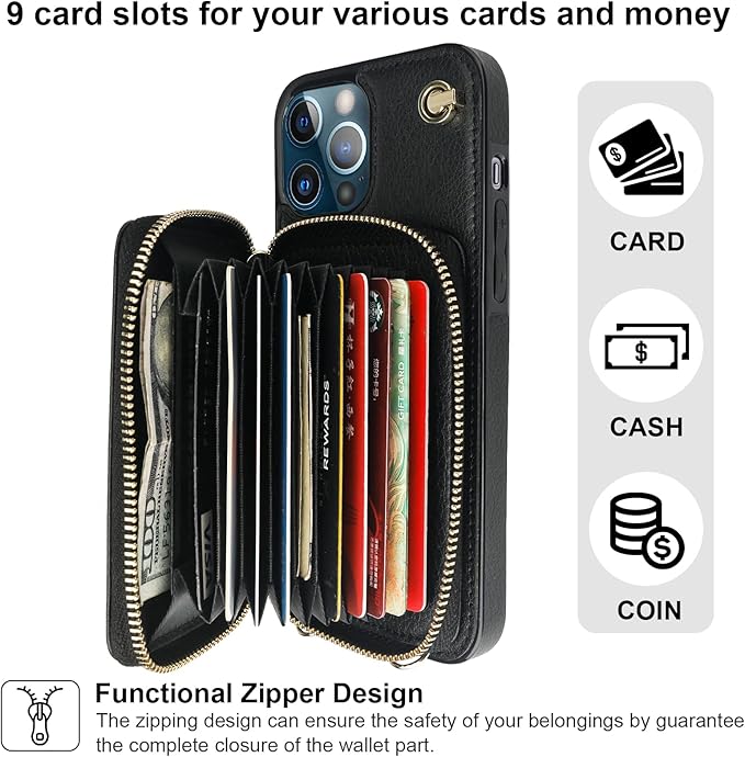 Bocasal Crossbody Wallet Case for iPhone 13 Pro Max, RFID Blocking Leather Purse Case with Card Holder, Protective Handbag Flip Cover with Zipper Wrist Strap Lanyard for Women 5G 6.7 Inch (Black)
