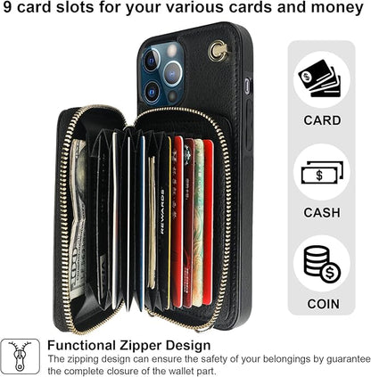 Bocasal Crossbody Wallet Case for iPhone 13 Pro Max, RFID Blocking Leather Purse Case with Card Holder, Protective Handbag Flip Cover with Zipper Wrist Strap Lanyard for Women 5G 6.7 Inch (Black)
