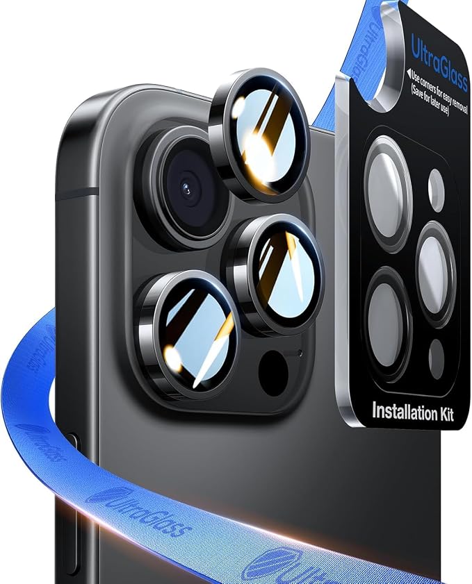 UltraGlass UNBREAK TOP 9H+ Glass for iPhone 15 Pro Max/15 Pro Lens Protector [Military Grade Shatterproof & Longest Durable] Camera Lens Protector 15 Pro/ 15 Pro Max Tempered Glass, Black