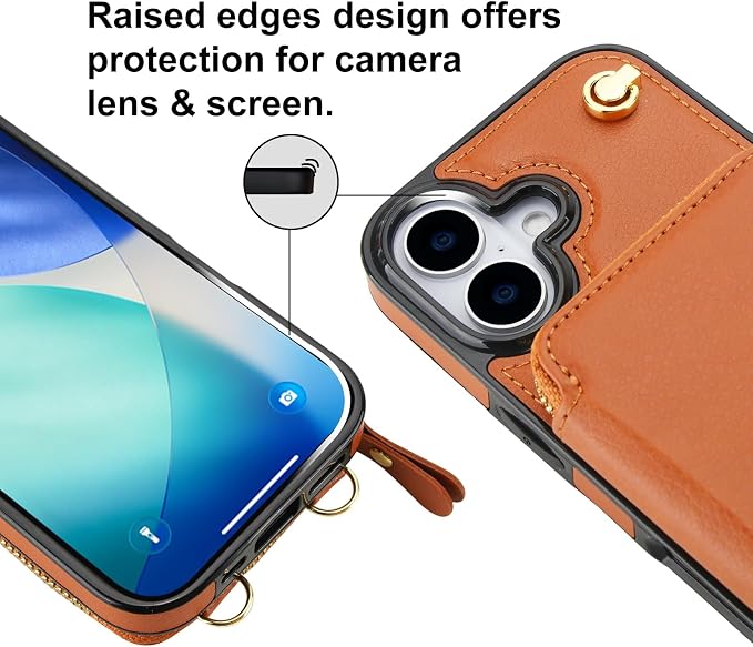 Bocasal Crossbody Wallet Case for iPhone 17, RFID Blocking Leather Purse Case with Card Holder, Protective Handbag Flip Cover with Zipper Wrist Strap Lanyard for Women 5G 6.3 Inch (Brown)