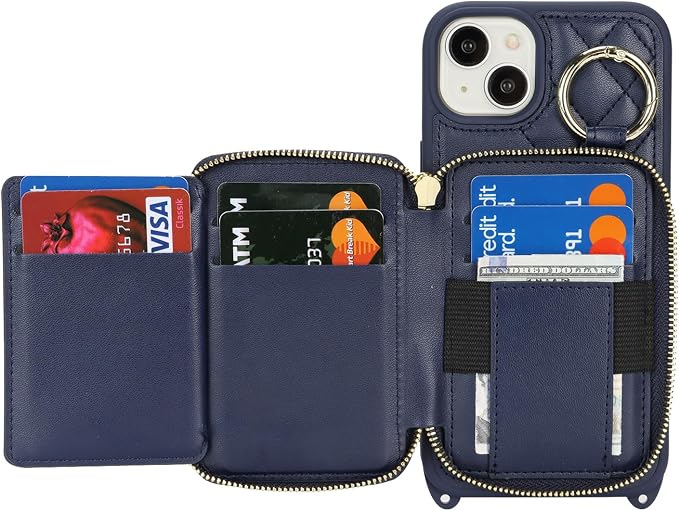 Crossbody Wallet Case for iPhone 14 Plus, PU Leather Zipper Handbag Purse Flip Cover, Kickstand Folio Case with Card Slots Holder Wrist Strap Lanyard 5G 6.7 Inch-Blue