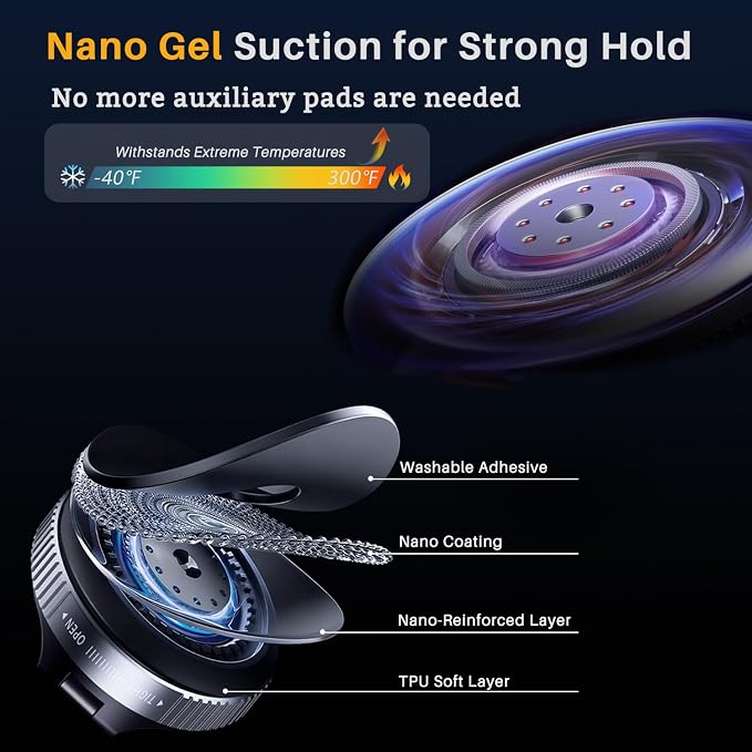 Vacuum Magnetic Car Phone Mount, 118LBS Nano Gel Suction Cup, 360° Adjustable, Compatible with Magsafe iPhone 12-17 Air Pro Max, Car Phone Holder for Dashboard Windshield Textured Surfaces