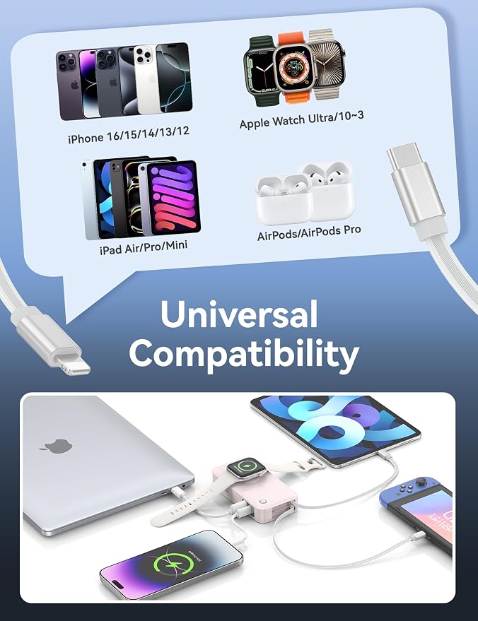 RORRY Portable Charger, 10,000mAh 30W Fast Charging Power Bank with Built-in Retractable Cables, Travel Battery Pack for iPhone 17/16/15/14/13/12, Apple Watch, iPad and More, Pink