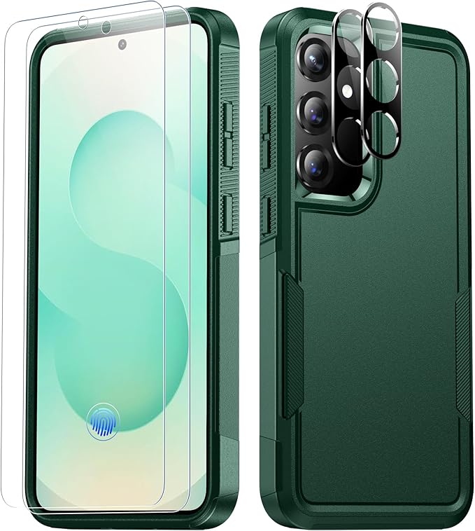 SPIDERCASE Designed for Samsung Galaxy S25 Case, [10 FT Military Grade Drop Protection], 2 Pack [Tempered Glass Screen Protector+Camera Lens Protector] Heavy Duty Shockproof Case, Deep Green