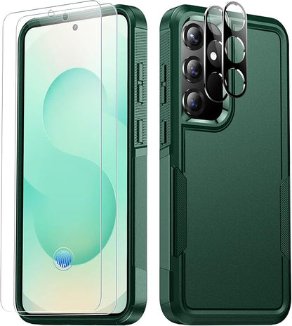 SPIDERCASE Designed for Samsung Galaxy S25 Case, [10 FT Military Grade Drop Protection], 2 Pack [Tempered Glass Screen Protector+Camera Lens Protector] Heavy Duty Shockproof Case, Deep Green