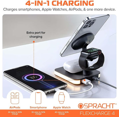 Spracht Flex Charge 4, 4-in-1 Wireless Charging Stand | 25W Fast Charger, Magnetic Connection -Works for Smartphone, Watch, Ear Buds, Qi-Enabled Devices | Nightlight, Magnetic Charging Stand (Black)
