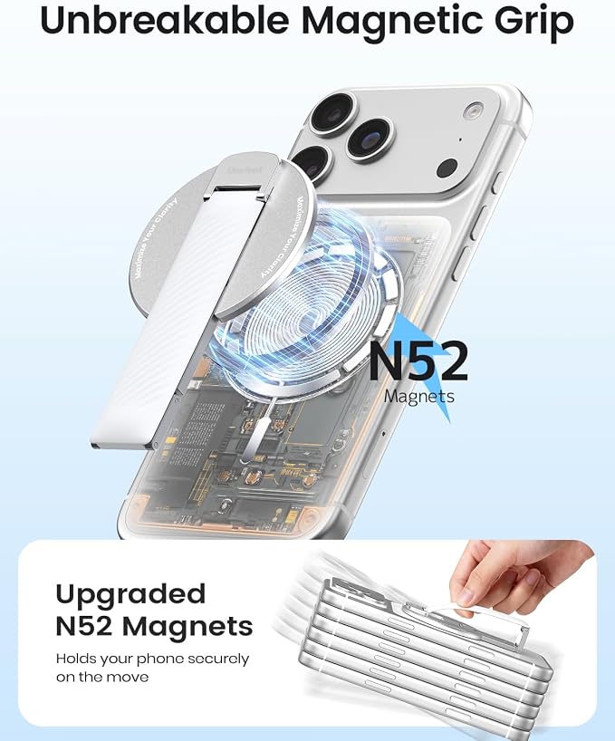 2026 Klearlook for MagSafe Phone Grip with Silicone Finger Strap, Removable Magnetic Phone Ring Holder with Adjustable Kickstand, Finger Phone Ring Grip for iPhone 17/16/15/14/13/12 Series, White