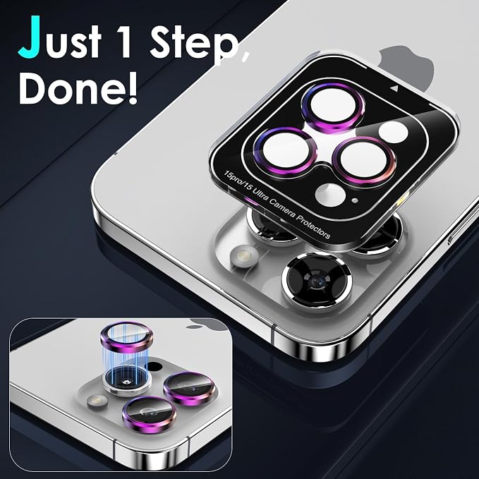YWXTW CameraLens Protector,[1 Step Installation Tray] Tempered Glass Screen Metal Individual Cover Accessories Case Friendly (Multi-Coloured Titanium) (iPhone 15 Pro/15 Pro Max)