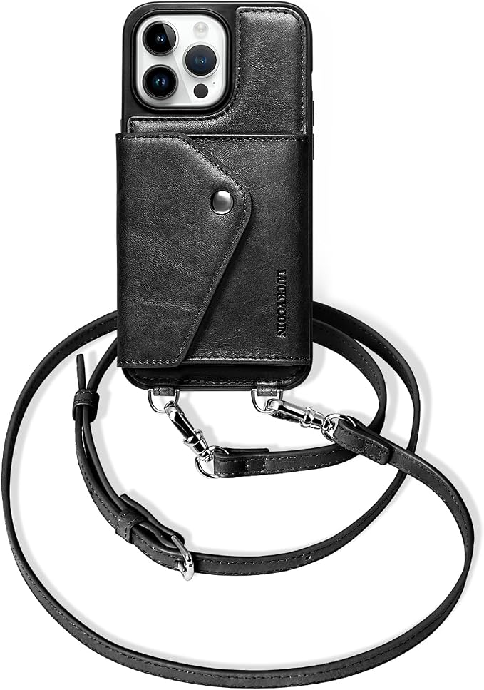 LUCKYCOIN for iPhone 14 Pro Max Crossbody Wallet Case – Genuine Leather Phone Purse with Adjustable Strap and Card Holder,Lanyard Phone Purse Case for Women,Vintage Black