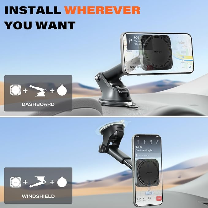 APPS2Car for MagSafe Car Mount【Upgraded 20xN55 Magnets】 Strong Magnetic Phone Holder, Suction Cup Stand for Dashboard Windshield, Adjustable Telescopic Arm, Fit for iPhone 17 16 15 14 13 12 Android