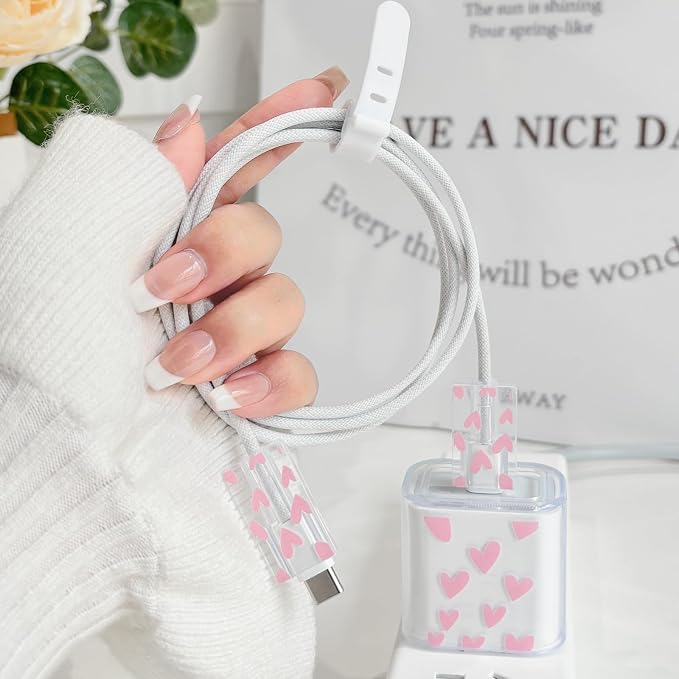 Lovmooful Compatible for iPhone 18W/20W USB-C Charger Cover Clear Lovely Love Heart Design Soft Charger Protector Cute Cable Case Saver Protector for Girls Women-Pink Heart