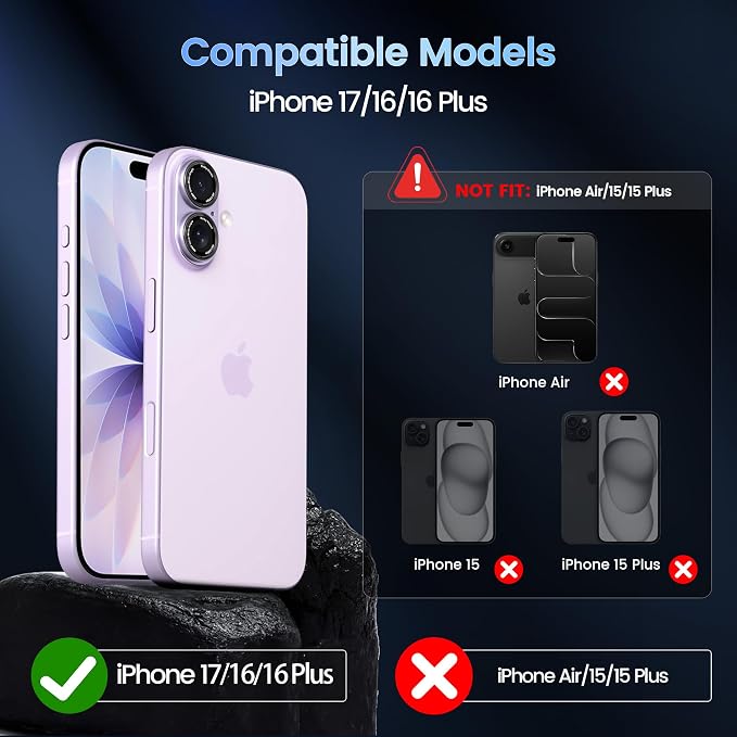 CACOE Camera Lens Protector for iPhone 16/16 Plus/17 - Metal Frame Tempered Glass Cover, [Anti-Scratch] [Drop-Proof][Strong-Adhesion] Camera Screen Cover(Purple)