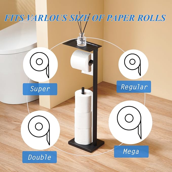 Freestanding Toilet Paper Holder Stand – Stainless Steel Bathroom Tissue Holder with Storage Tray & Roll Organizer, Square Design (Matte Black)