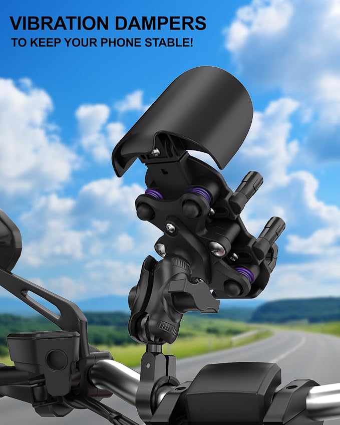 iMESTOU Anti-Vibration Motorcycle Phone Mount, Shock Damping Bike Cellphone Holder with 1" Ball Mount Base 720° Rotatable Fits for 12-32mm Handlebars, Widely Compatible with 5.4"-7.0" Smartphones