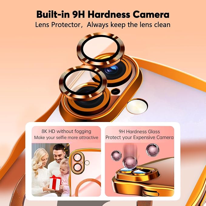 Misscase for iPhone 16 Case with Privacy Screen Protector,Compatible with MagSafe,Cute Wave Frame Anti-Scratch Case with Camera Lens Protector Plating Bling Case for iPhone 16 6.1" Women Orange