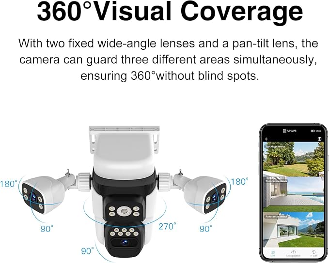 EVERSECU Solar Wireless Triple Lens WiFi PTZ Security Camera, Three Cameras in One, Side Cameras with Adjustable All-Angle Arm, 2K 360° View No Blind Spot, Auto Tracking, Spotlight, 2 Way Audio