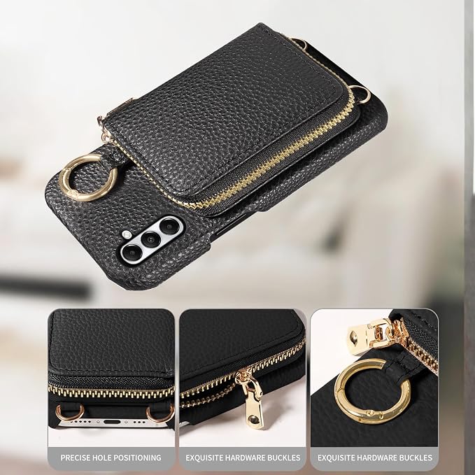 Wallet Case for Samsung Galaxy A35 5G with Shoulder Strap Ring Buckle, Luxury PU Leather Zipper Flip Organ Purse, Credit Card Holder Stand Cell Phone Cover for A 35 35A A355G Women Men Black