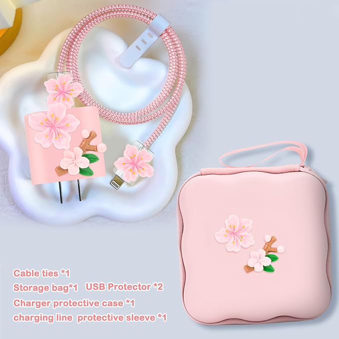 CameCosy Phone Charger Storage Case Cover Sets with Cute Cable Protector for iPhone Charger, Wave Travel Storage Bag, Earphone Wire Saver Cable Organizer Soft Cute Cable Protector (Pink Flowers)
