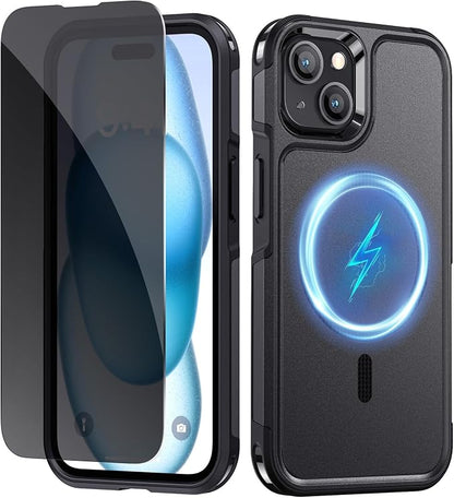 Lanhiem Magnetic for iPhone 15 Case with Privacy Screen Protector, 10 FT Military Grade Shockproof Heavy Duty Case Protective Phone Cover Compatible with MagSafe for iPhone 15 (Black)