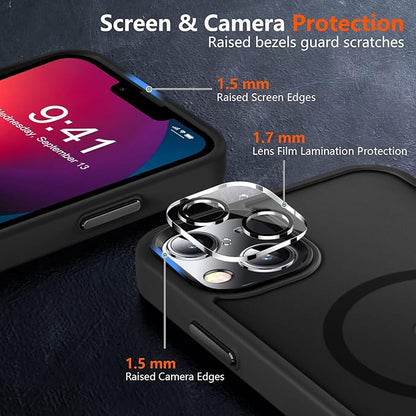 MOCCA Strong Magnetic for iPhone 13 Case, [Compatible with Magsafe][Screen Protector+Camera Lens Protector] Translucent Matte Back Slim Shockproof Case for iPhone 13 Phone Case 6.1", Black