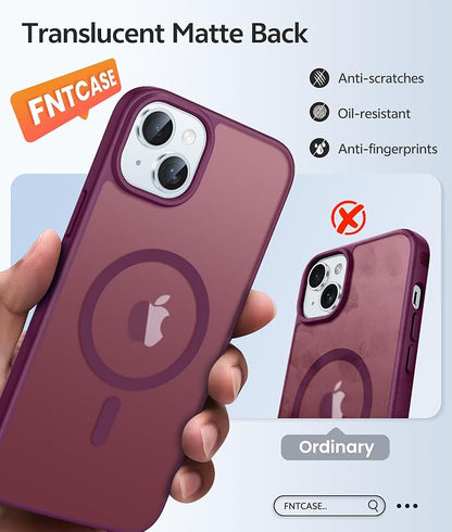 FNTCASE for iPhone 15/14/13 Case, Fit for Magsafe, Glass Screen Protector | Translucent Matte, Magnetic Phone Cases, 14FT Military Grade Drop Protection, Slim Shockproof Protective Cover, Wine Red