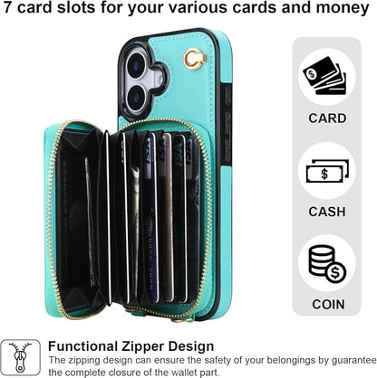 Bocasal Crossbody Wallet Case for iPhone 17, RFID Blocking Leather Purse Case with Card Holder, Protective Handbag Flip Cover with Zipper Wrist Strap Lanyard for Women 5G 6.3 Inch (Mint Green)