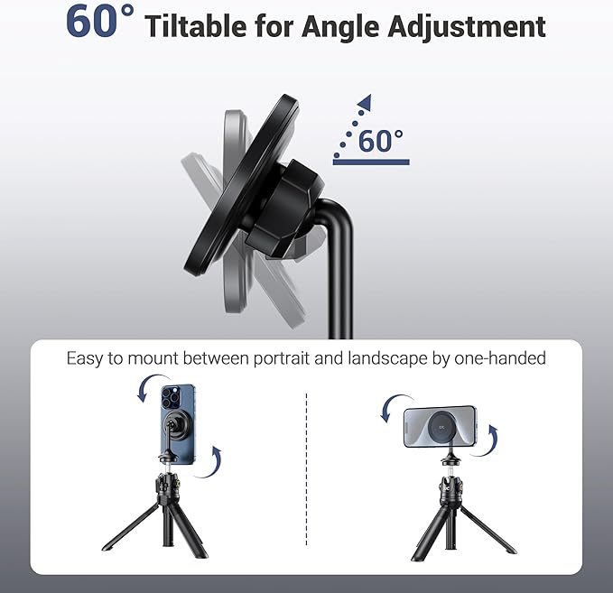 Magnetic Phone Tripod Mount Adapter with Arca Base &1/4" Screw Hole Compatible with MagSafe, 60° Tilt iPhone Tripod Holder for iPhone 17 16 15 14 13 12 Pro Max Plus, Selfie Stick Tripod Arca Ball Head