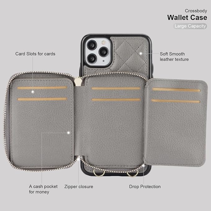 Bocasal Crossbody Wallet Case for iPhone 11 Pro Max, RFID Blocking PU Leather Zipper Handbag Purse Flip Cover, Kickstand Folio Case with Card Slots Holder Wrist Strap Lanyard 6.5 Inch (Grey)