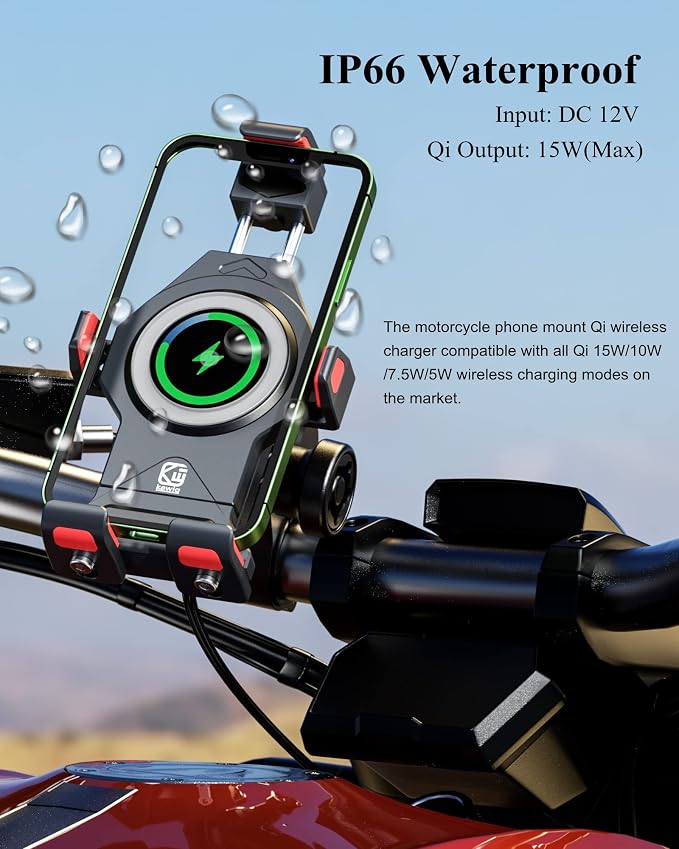 BRCOVAN Aluminum Alloy Motorcycle Phone Mount with Qi 15W Wireless Charger & Vibration Dampener, Anti-Theft Waterproof Motorcycle Handlebar Cellphone Holder, Adjustable Fit 4.7''-7.2'' Smartphones