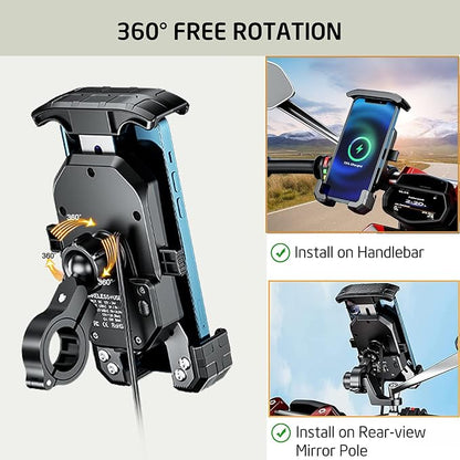iMESTOU Motorcycle Wireless Phone Mount Charger -Motorcycle USB C 3.0 Phone Holder Qi 15W by Wiring/Plugging to USB A Socket Aluminium Handlebar Base Waterproof for 4-7" Cellphones