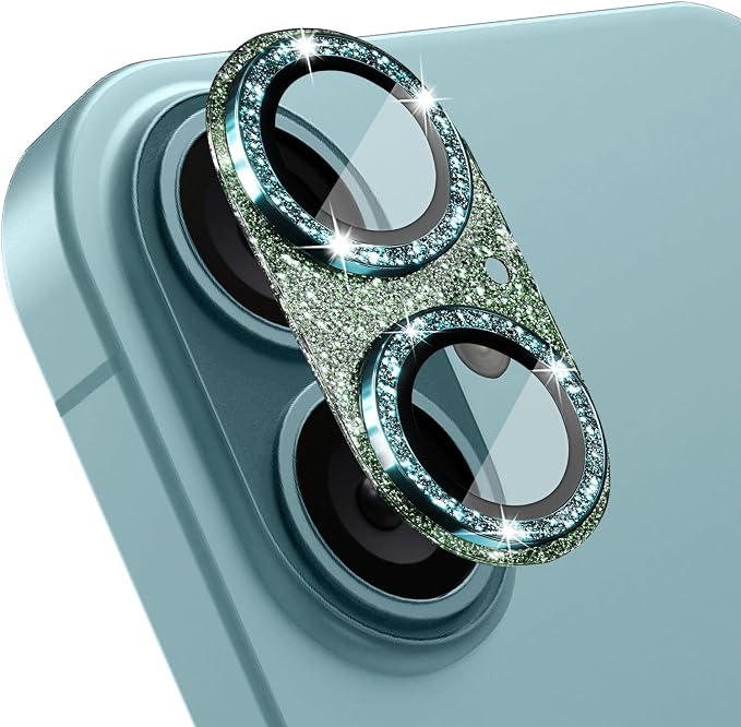Camera Lens Protector for iPhone 16/iPhone 16 Plus, Bling Glitter Camera Cover with 9H Tempered Glass Metal Ring, Anti-Scratch Camera Protector for iPhone 16/iPhone 16 Plus (Glitter - Green)