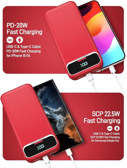 Nusyddy Portable Charger 20000mAh 22.5W w/Built-in Cables & Wall Plug Red | 22.5W Fast Charging, High Capacity, LED Display, Charge 5 Devices at once, TSA Approved, Compatible with iPhone/iPad/Samsung