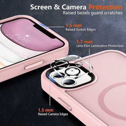 MOCCA Strong Magnetic for iPhone 11 Case,[Compatible with Magsafe][Glass Screen Protector+Camera Lens Protector] Slim Thin Shockproof Cover Case for iPhone 11 6.1 inch, Pink