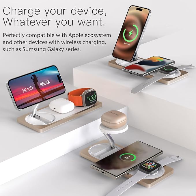 3-in-1 Charging Station for Apple Devices: Used for iPhone and Watch Charging Station with Magsafe Charger Stand, Wireless Charger for iPhone 17 Air 16 15 14 13 Series, Apple Watch Ultra, AirPods Pro