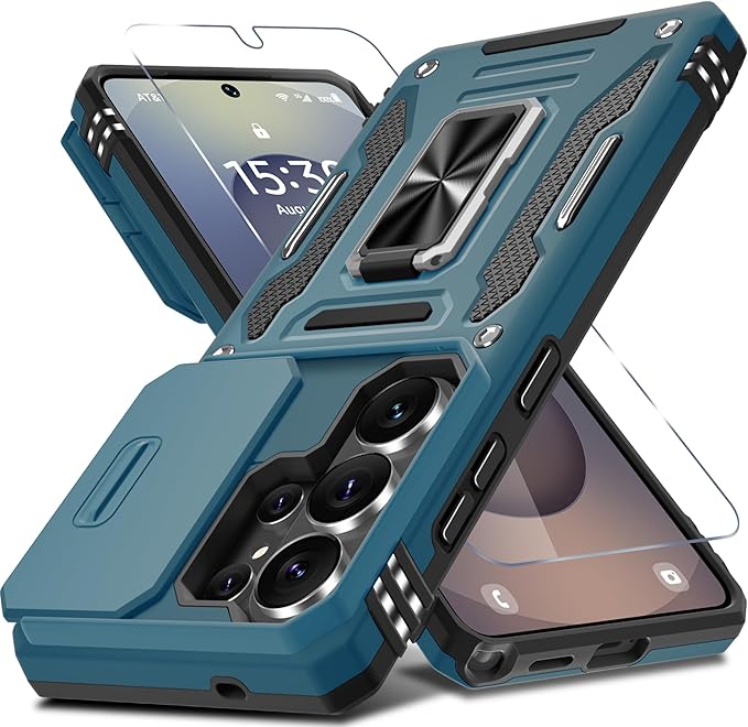DEERLAMN Case for Samsung Galaxy S26 Ultra 6.9-Inch with Slide Camera Cover+Screen Protector(1 Pack), Rotated Ring Kickstand Military Grade Shockproof Protective Cover-Light Blue