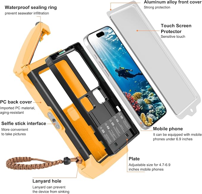 Underwater Phone Case for Snorkeling & Diving (50ft/15m), IP68 Waterproof Case for Swimming, Universal Underwater Touch Screen Case Compatible with iPhone (Yellow + Black, 5th Generation Phone Case)