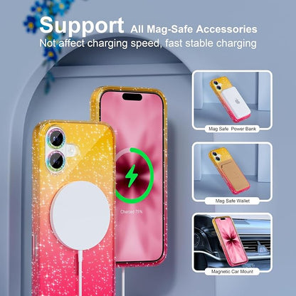 Choiche Magnetic for iPhone 17 Case Compatible with MagSafe, Women Cute Glitter Sparkly Phone Case with Diamond Camera Lens Protectors, Military-Grade Drop Protection 6.3" (Gold/Pink)