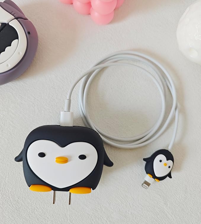 Compatible with Apple 20W/18W USB-C Adapter Charger, 3D Cartoon Protective Case for iPhone 20W USB-C Power Adapter Charger Fast Lightning Cable Cable Cover (Black Penguin)