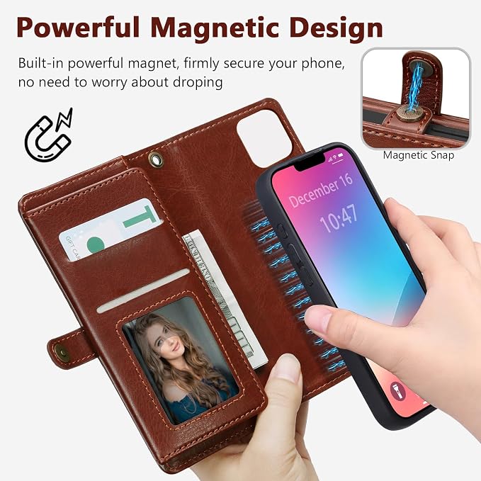 Wallet Case for iPhone 13 Pro Max with Card Holder/Crossbody Wallet/Strap| RFID Blocking | Magnetic | Kickstand | Detachable | PU Leather Phone Case for iPhone 13 Pro Max,6.7 in,Brown