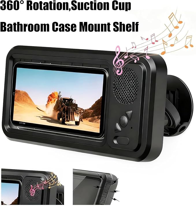 Shower Phones Holder with Speaker, Wall Mount Shower Phone Holder Waterproof, Bathroom Accessories, Waterproof Phone Case, 360° Rotation, Suction Cup Bathroom Case Mount Shelf (Black)