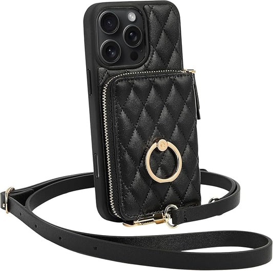 ZVE for iPhone 16 Pro Wallet Case for Women, PU Leather Shockproof Crossbody Phone Case with Card Holder for iPhone 16 Pro 6.3 Inch-Black