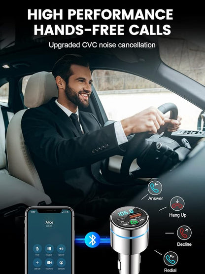 FM Transmitter for Car Bluetooth 5.3, [All-Metal] PD 30W & QC3.0 18W Fast Car Charger, Wireless FM Radio Kit Bluetooth Car Adapter, Noise Cancelling Hands-Free Call, Blue Light - Silver