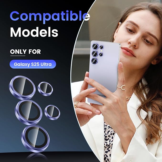 Tensea (3+2PCS Compatible with Samsung Galaxy S25 Ultra Camera Lens Protector, 9H Tempered Glass Camera Cover Screen Protector Metal Individual Ring [Installation Tray][Case Friendly]