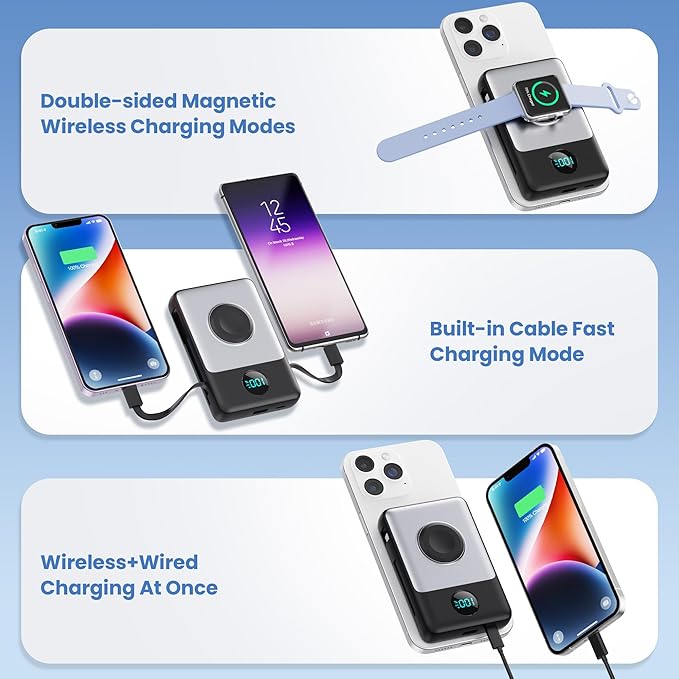 6 in 1 Magnetic Portable Charger for iPhone with Built-in Cables, 10800mAh 25W PD Fast Charging Power Bank, 6 Outputs Travel Essential Battery Pack for iPhone 17/16/15/14/13/12 Series,Apple Watch