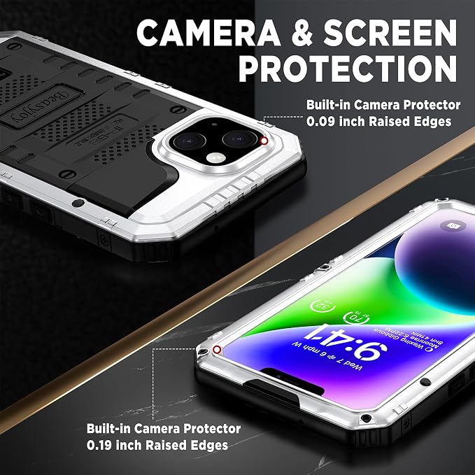 Beasyjoy for iPhone 14 Case Waterproof, Metal Heavy Duty Full Body Protective Case with Built-in Screen Protector, Military Grade Shockproof Dustproof Defender Rugged Cover 6.1 Inch, Silver