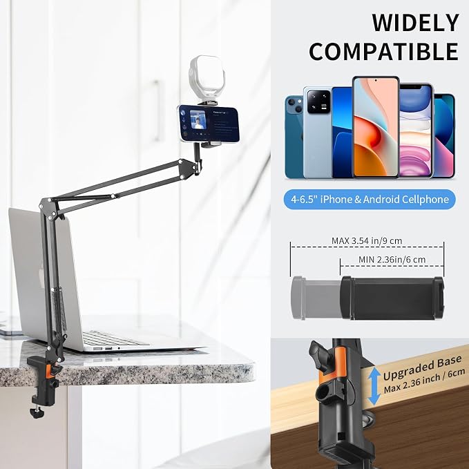 Phone Holder for Bed Desk, Overhead Phone Mount with Wireless Remote, Flexible Phone Stand Lazy Bracket Mount Long Arms Clamp for iPhone, Samsung, Google Pixel, Moto