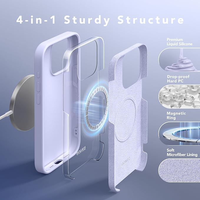 GONEZ Magnetic for iPhone 15 Pro Case, Compatible with MagSafe, [Screen Protector + Camera Lens Protector], Silicone Shockproof Anti-Scratch Protective Phone Case 6.1 inch, Lilac
