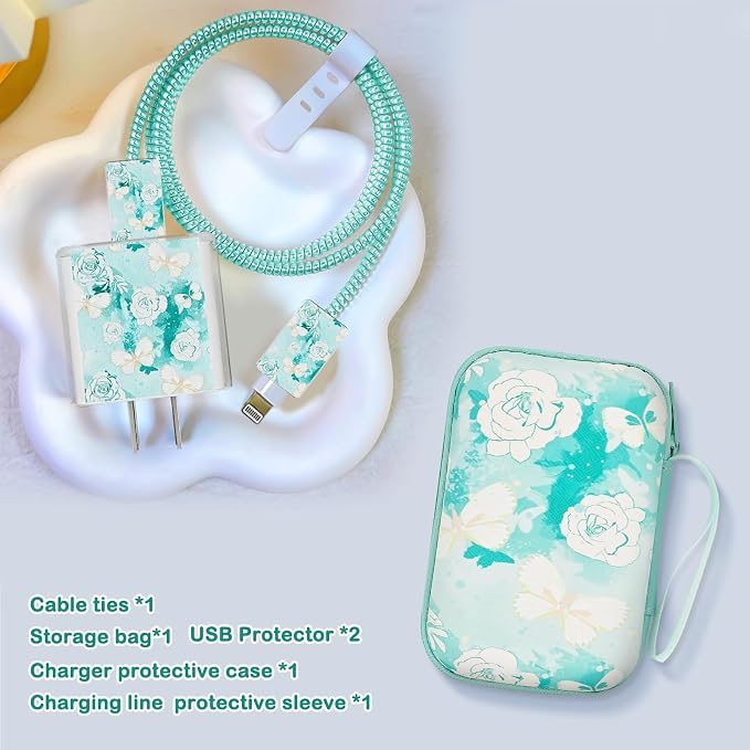 Phone Charger Case Storage Set with Rose Butterfly Cable Protector with Carrying Cable Case Bag,Cord Organizer, USB Earphone Wire Saver Organizer Charger Protector for iPhone (Rose Butterfly)