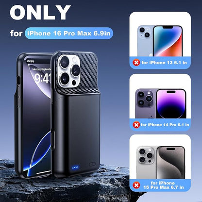 Battery Case for iPhone 16 Pro Max (6.9 inch), 2026 Upgraded High Capacity 13800mAh Battery Pack Rechargeable Charger External Charging Case with Tempered Glass Screen Protector Black